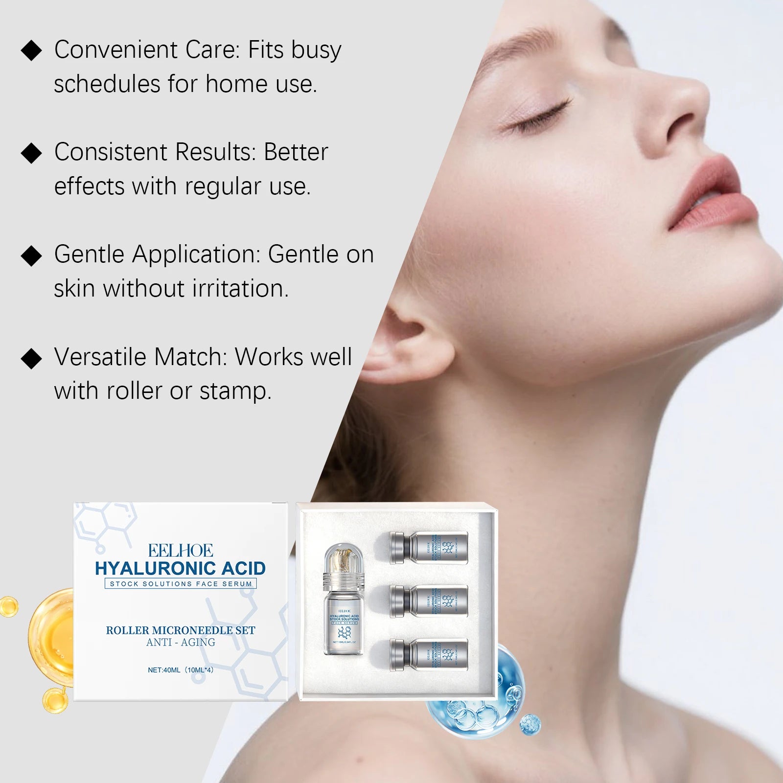 Hyaluronic Acid Stock Solutions Face Serum with Roller Microneedle Set Moisturizing Anti-Wrinkle Facial Serum Smoothing Refresh