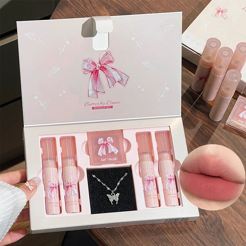 6Pcs/Box Matte Lipstick Set Lips Makeup Velvet Nude Lip Gloss Moisturizing Lip Glaze Face Blush Palette Makeup Set Necklace Gift
